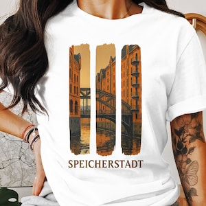 Speicherstadt T-Shirt, Hamburg Stadtansicht, ikonisches Design, urbane Architektur, Herren Damen Unisex, hochwertige Kleidung