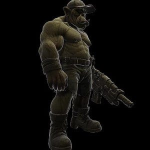 Peut inclure: Une figure humanoïde à la peau verte, avec un museau de porc, portant une casquette, un pantalon sombre et des bottes, tenant une grande arme. La figure est sur fond noir. Thème fantastique ou science-fiction.