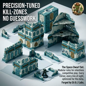 May include: A set of modular tabletop wargaming terrain pieces in teal and off-white, featuring geometric wall sections, corner structures, and barricades. Text reads: PRECISION-TUNED KILL-ZONES. NO GUESSWORK. The Space Dwarf Set. Modular rules for relentless competitive play. Every corner, every line of sight, optimised for the meta. Forged by EA & J LABS.