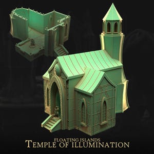 May include: A detailed, green 3D-printed model of a temple with a tall tower and arched windows. The model includes a separate interior section. The text "FLOATING ISLANDS TEMPLE OF ILLUMINATION" is at the bottom.
