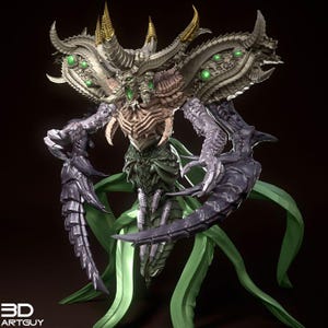 Puede incluir: Un modelo 3D detallado de una criatura monstruosa con múltiples brazos, piernas y una cabeza grande con cuernos. La criatura es principalmente verde y negra con detalles dorados.