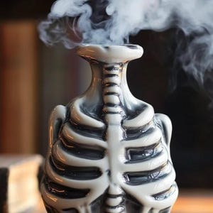 Puede incluir: Difusor de aromaterapia de cerámica con forma de esqueleto, blanco y gris. El difusor emite una columna de vapor blanco desde la parte superior. El diseño presenta una representación detallada de una caja torácica humana.