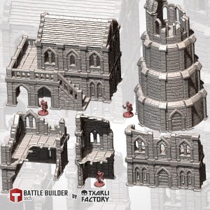 Terreno de fantasía para juegos de mesa: Ciudad fronteriza humana - Ruinas góticas, apilables.