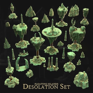 May include: A collection of green floating island miniatures with various shapes and sizes. Some islands have spires, others are flat or have unique formations. The set is labeled "Floating Islands Desolation Set" in white text on a black background.