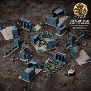 May include: A collection of gray plastic wargaming terrain pieces featuring ruined walls, arched structures, and cylindrical towers, accompanied by several small green painted miniature figures and scattered multi-sided dice on a dark textured surface.