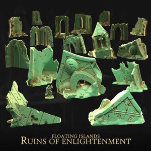 May include: A collection of green, weathered miniature ruins, including archways, walls, and fragmented structures. The text "FLOATING ISLANDS" and "RUINS OF ENLIGHTENMENT" are displayed at the bottom. A small figurine is also present.