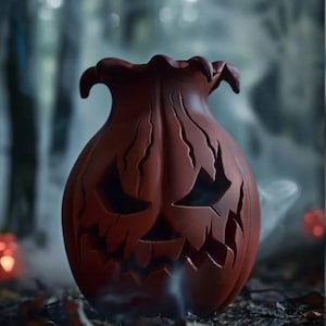 Può includere: Un vaso a forma di zucca intagliata, di colore marrone rossiccio, con un design a volto spaventoso. Il vaso ha un'ampia apertura e una superficie strutturata. Lo sfondo è sfocato, suggerendo un ambiente esterno, forse una foresta, con luce soffusa e nebbia.