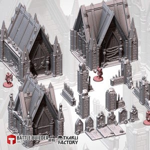 May include: A set of 3D printed miniature gothic cemetery buildings and accessories for tabletop gaming. The set includes a large chapel, a smaller chapel, a crypt, tombstones, and other details. The buildings are made of gray plastic and have a realistic, weathered look.
