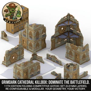 May include: A modular set of tan and grey gothic cathedral terrain pieces for tabletop gaming, featuring ruined walls, arched windows, rose windows, and corner sections. The set includes text reading GRIMDARK CATHEDRAL KILLBOX: DOMINATE THE BATTLEFIELD.