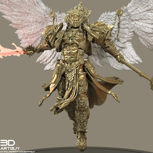 May include: A golden, detailed 3D model of a winged warrior, holding a glowing red sword and a staff. The figure is clad in ornate armor with intricate designs. The wings are white and feathered. The model is labeled with "3D ARTGUY".
