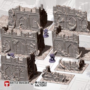 May include: Gray miniature castle ruins with detailed architectural features, including arched doorways and weathered textures. The set includes multiple wall sections and bases, with a few small figurines. The Battle Builder and Txarli Factory logos are visible.