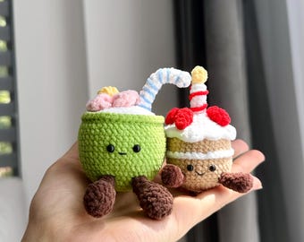 Crochet Coconut Drink & Birthday Cake Keychain Set: Kawaii Plush Charms