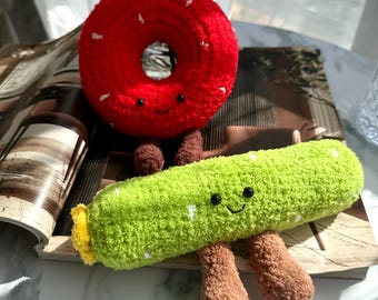 Kawaii pluche donut en komkommer – schattige knuffels met poten – zachte knuffels – grappig cadeau voor vrienden, kinderen en bureaudecoratie