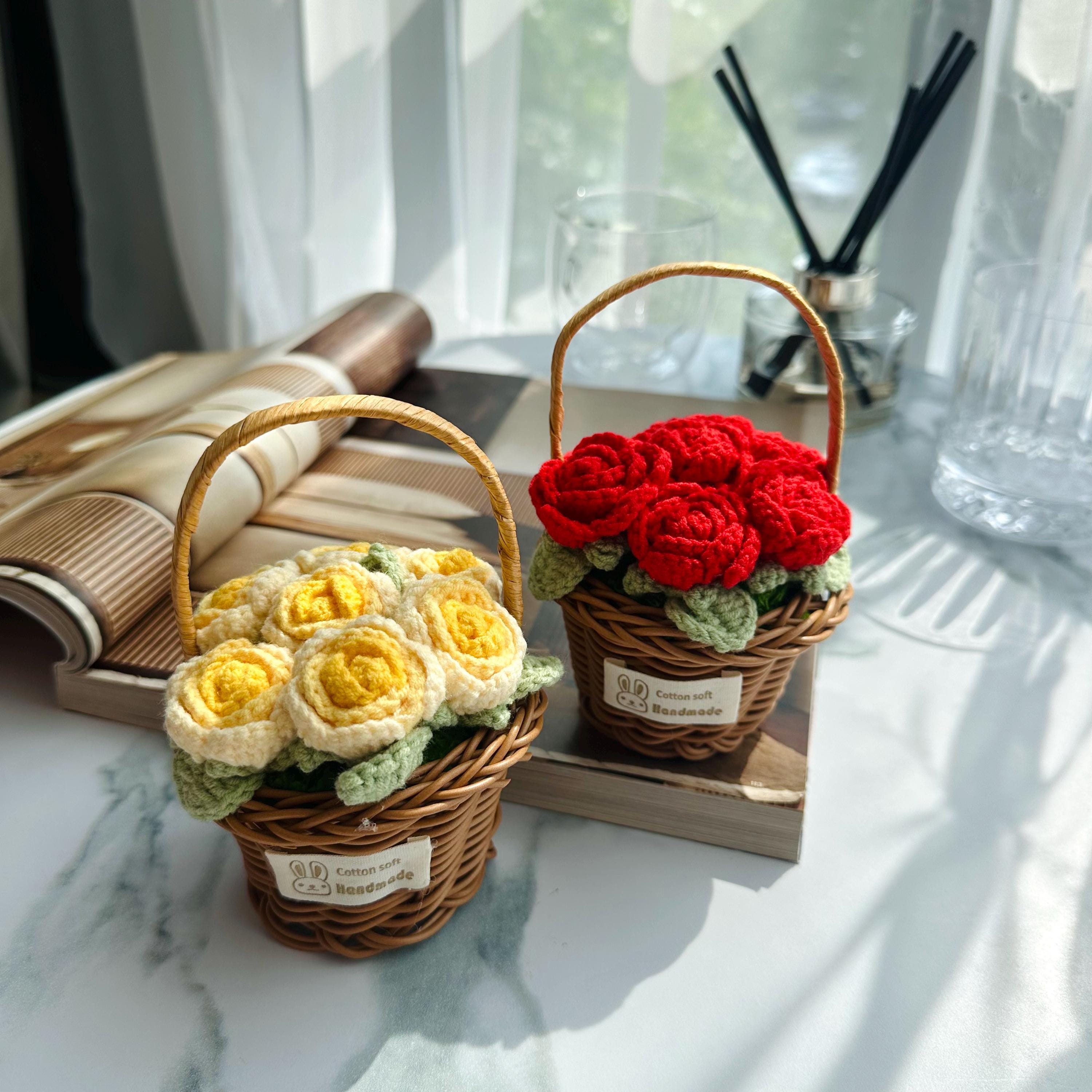 Crochet Rose Flower Basket: Handmade Cotton Floral Arrangement