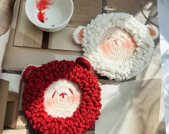 Cute Sheep Crochet Coasters | Handmade Knitted Drink Mats | Fluffy Wool Animal Mug Rugs | Adorable Coaster Gift for Coffee Lovers