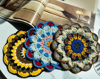 Handmade Crochet Coaster | Mandala Flower Drink Mats | Vibrant Cotton Yarn | Boho Home Decor | Reusable | Unique Gift Idea
