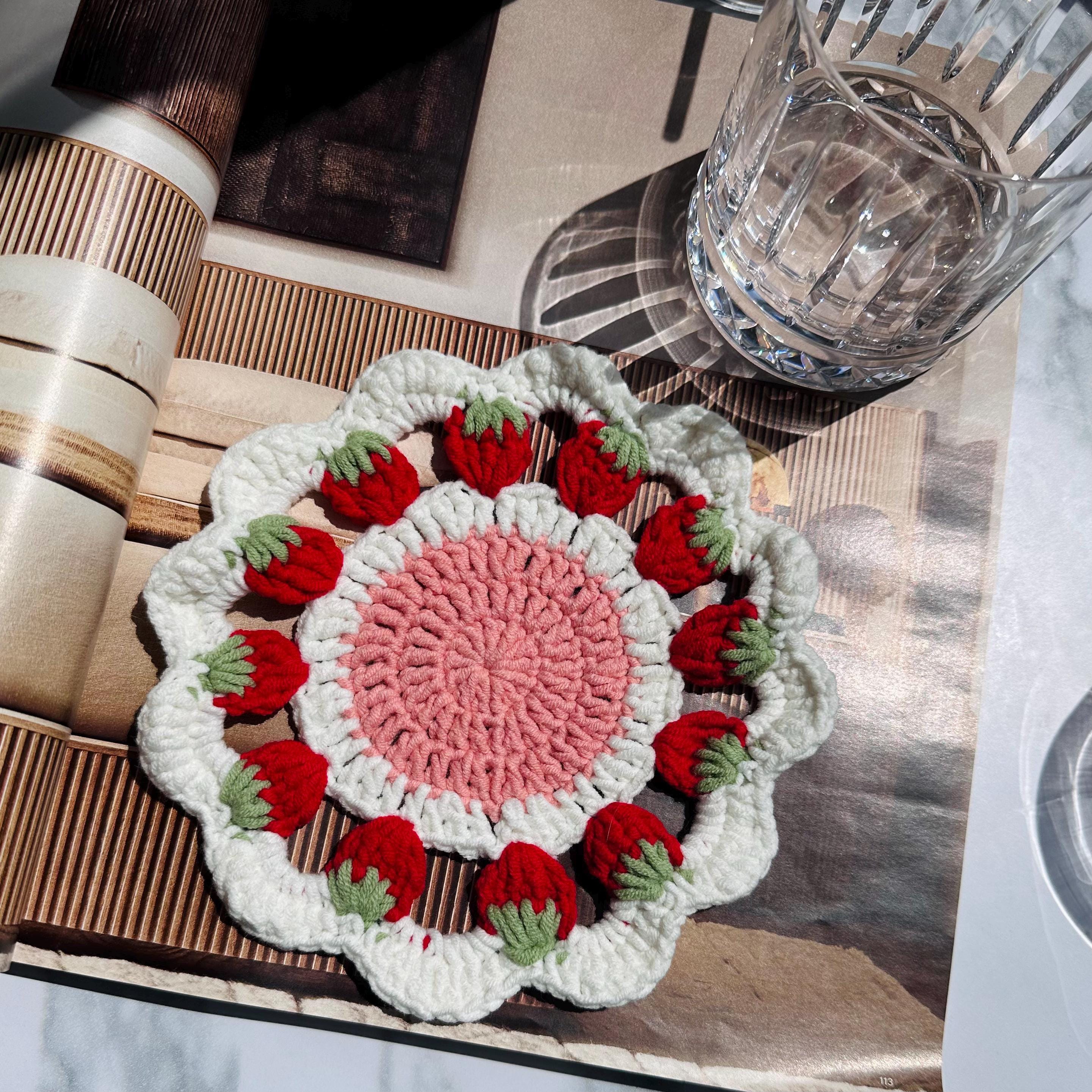 Strawberry Crochet Coaster Handmade Cotton Doily Mug Mat Cute Vintage Style Decor｜Boho Home Decor | Reusable | Unique Gift Idea