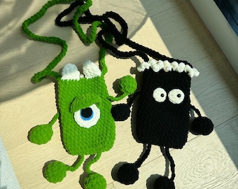 Gehaakte telefoontas monster: chenille pluche schoudertas