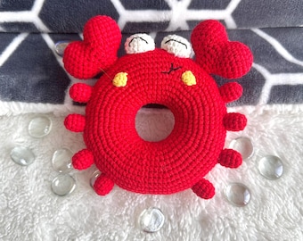Handmade Crochet Toy - Red Smiling Crab Rattle, Birthday Gift, Home Decor, Pressure Release Toy