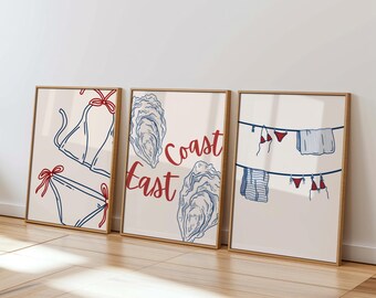 Coastal Wall Art Prints 3 Piece Set | Beachy Room Decor | Trendy Coastal Granddaughter Aesthetic | Bikini East Coast Prints