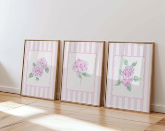 Hydrangea Wall Art Set of 3 | Pink Coquette Floral Art Print | Aesthetic Pink Dorm Decor | Room Decor for Her | Trendy Print Set Room Decor