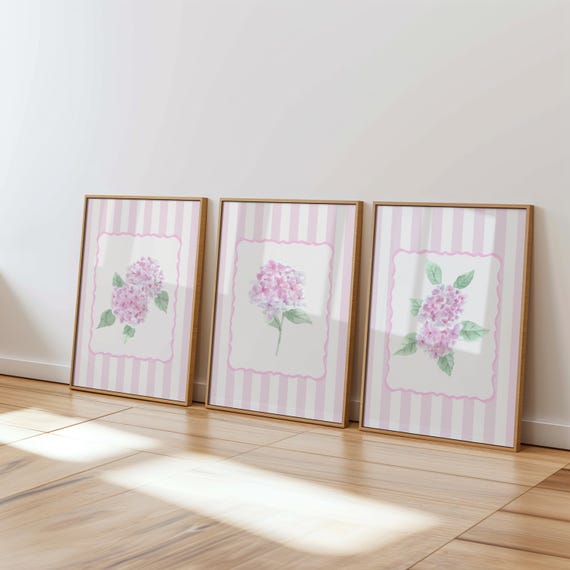 Hydrangea Wall Art Set of 3 | Pink Coquette Floral Art Print | Aesthetic Pink Dorm Decor | Room Decor for Her | Trendy Print Set Room Decor