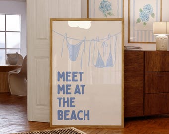 Meet Me At The Beach Wall Art | Blue Coastal Aesthetic Print | Beachy Wall Art | Bikini Art Print | Dorm & Apartment Decor | Gift For Her