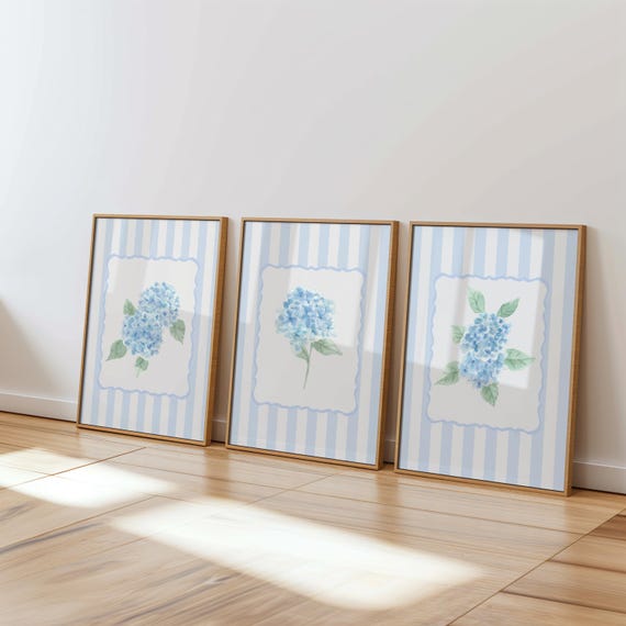 Hydrangea Wall Art Set of 3 | Blue Coquette Floral Art Print | Aesthetic Dorm Decor | Room Decor for Her | Trendy Print Set Room Decor