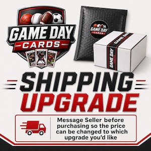 May include: A Game Day Cards logo featuring a shield with a basketball, baseball, football, and soccer ball, three trading cards, a black bubble mailer with a circular logo, and a white cardboard box with a black and red Game Day Cards label.