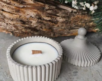 Vela perfumada con soja natural en tarro de cemento hecho a mano – Vela de lujo con mecha de madera no tóxica – Regalo ecológico para el hogar