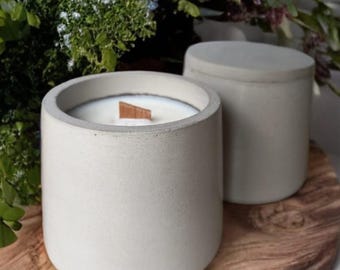 Vela perfumada con soja natural en tarro de cemento hecho a mano – Vela de lujo con mecha de madera no tóxica – Regalo ecológico para el hogar