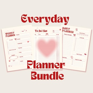 Puede incluir: Un paquete de planificadores diarios con un planificador semanal, una lista de tareas y un planificador diario. El texto es rojo, con un corazón en la lista de tareas.