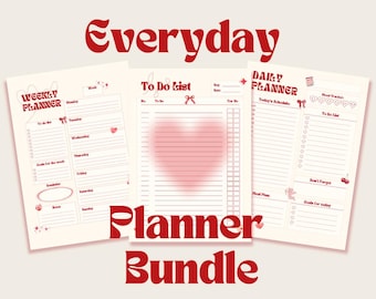 May include: An Everyday Planner Bundle with a weekly, to-do list, and daily planner. The text is in red, with a heart graphic on the to-do list. The planners are cream-colored with red accents.