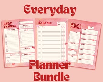 May include: A set of three printable planners with a pink watercolor background and cherry accents. The planners include a daily planner, a to-do list, and a weekly planner. The text "Everyday Planner Bundle" is written in red.