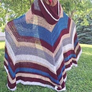 Wanderer’s Cloak – Hooded Crochet Cloak in Red, Blue, Tan, White & Gray | Handmade Boho Cloak
