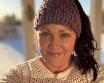 Handknit Chunky Knit Messy Bun Beanie