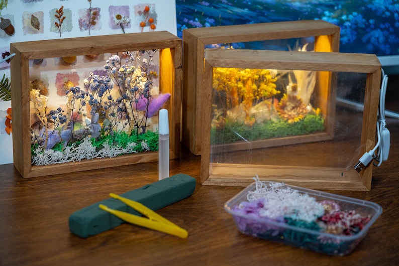 May include: Wooden framed shadow boxes with dried flowers and LED lights. The boxes contain various colourful dried flowers, moss, and other decorative elements. A small container of flowers, tweezers, and glue are in the foreground.