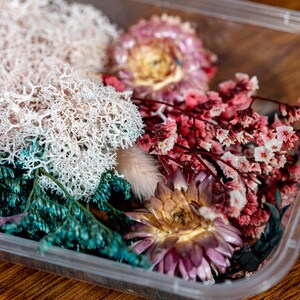 May include: A clear plastic container filled with dried flowers and foliage. The arrangement features white, teal, pink, and purple elements, creating a colourful and textured display. The flowers are likely for crafting or decorative purposes.