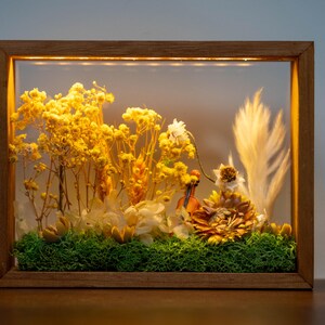 May include: A decorative framed floral display. The wooden frame surrounds a glass panel, illuminating dried yellow and white flowers, green moss, and a miniature violin. The arrangement is a natural, decorative piece.