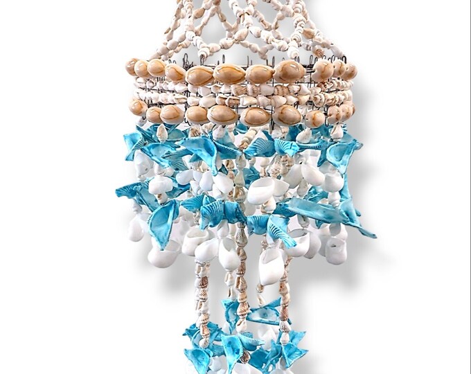 Seashell Wind Chimes Windchime Turquoise Blue and White 17" Indoor Outdoor Beach Ocean Nautical Marine g