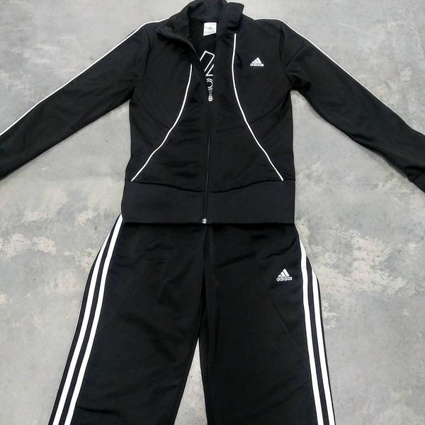 Women's Adidas 1990s Vintage Tracksuit Sweat Suit Straight Leg Black White Zipper Jacket Long Sleeve Pockets Size Small Great Condition