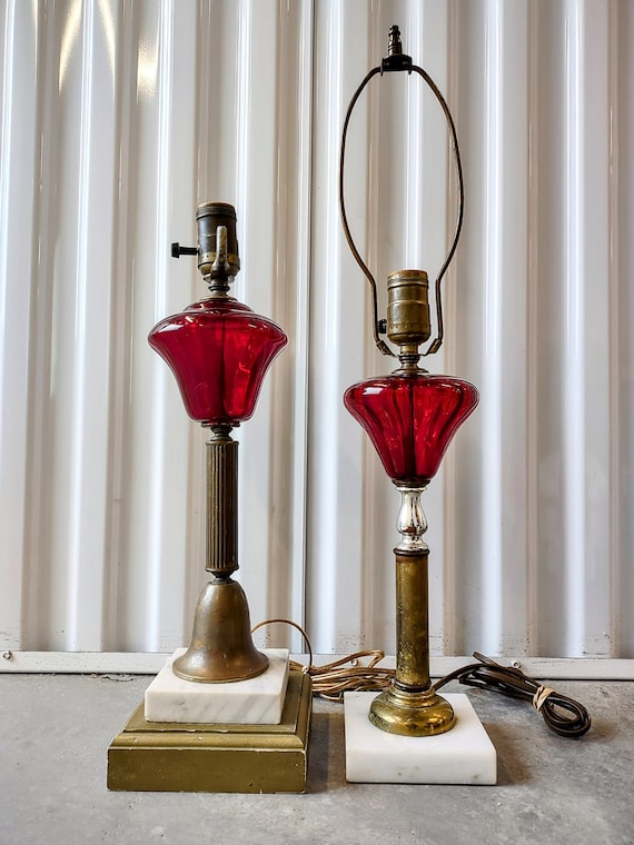 Vintage Red Glass Table Lamps Marble Brass 22 