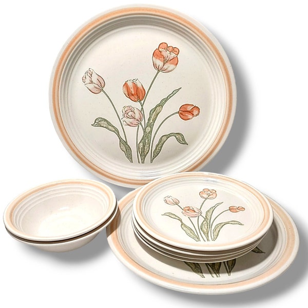 Vintage Stoneware Baker Hart & Stuart Erin 8 Pc. Dinnerware Japan Bowls Plate Platter Tulip Flowers FREE Shipping