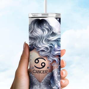 Cancer Zodiac Tumbler | 20oz Spiritual Celestial Cup with Straw | Horoscope Gift for Cancer Sign | July Birthday Gift