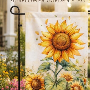 May include: A garden flag featuring a watercolor illustration of sunflowers. The flag has a cream background with a large sunflower in the center and smaller ones at the bottom. The text "BESTSELLING SUNFLOWER GARDEN FLAG" is at the top. The text "BRIGHTEN YOUR CURB APPEAL" is at the bottom.