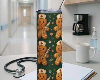 Gingerbread Nurse Tumbler Stainless Steel 20oz | Winter Snowflakes Holiday