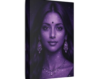 South Asian Goddess Canvas Art with Bindi Symbol | Purple Celestial Portrait | Hindu-Inspired Wall Decor | Divine Feminine Cosmic Gift