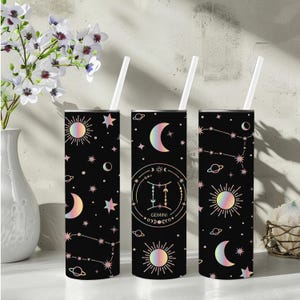 Gemini Zodiac Tumbler 20oz | Celestial Astrology Gift | Horoscope Cup with Straw & Bottom | Black, Glitter, or White | Gemini sign gift