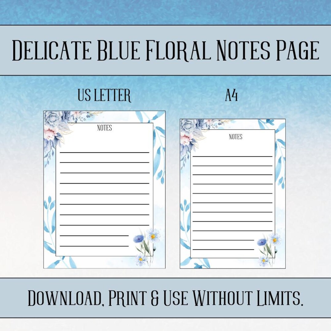 Pretty Note Paper Blue Ready to Print Delicate Blue Floral Notes Page - Etsy