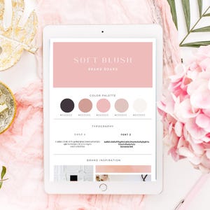May include: A digital brand board for a company called "Soft Blush". The board includes a colour palette with five colours, two fonts, and a section for brand inspiration.